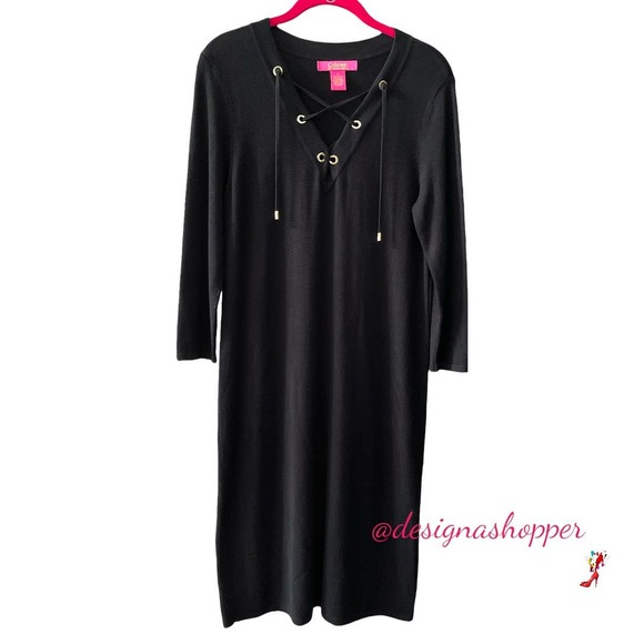 Sweater Dress Black Classy Gold Lace Up Tie front Upscale Catherine Malandrino - Picture 4 of 6